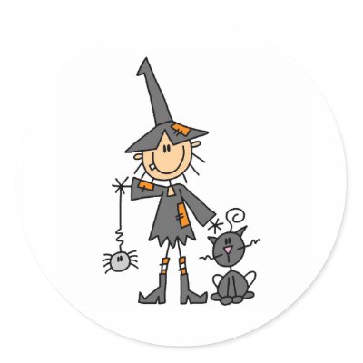 Witch with Black Cat Round Sticker by stick_figures