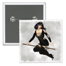 Witch with Broom  Button