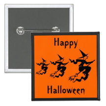Witches On Broomsticks Happy Halloween Pinback Button