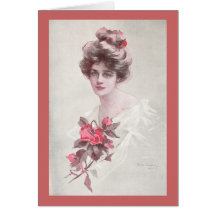 Woman and Red Roses Greeting Cards