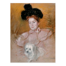 Woman holding a dog postcards