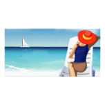 woman laying on the beach photo cards