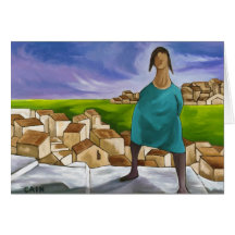 WOMAN ON VILLAGE STEPS GREETING CARD