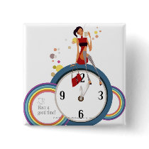 Woman sitting on a clock and holding a tea cup pin