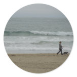 Woman Walking Dog Along Pismo Beach, CA Round Stickers