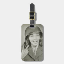 Woman Wearing an Army Helmet Bag Tag