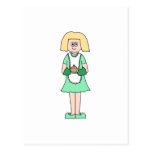 Woman with a hot soup pot. In green and white. postcards