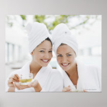 Women in bathrobes drinking tea at spa posters