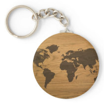 Wood Grain World Map Key Chain