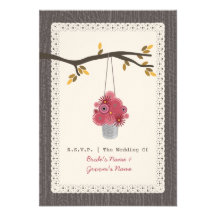 Wood Inspired Tin Can Red Flowers Fall RSVP Invitations
