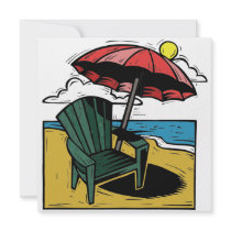 Woodcut Beach Scene with Chair & Umbrella