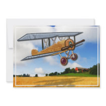 Wooden Biplane Over Farm Fields