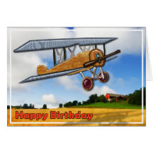 Wooden Biplane Over Fields  Happy Birthday Cards