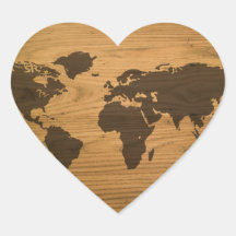 Woodgrain Textured World Map Heart Stickers
