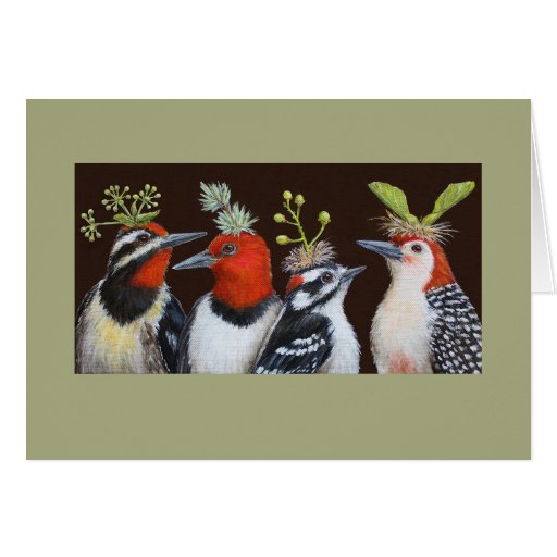 Woodpeckers on Green Hat night card
