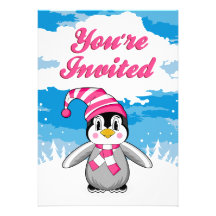 Wooly Hat Penguin Party Invite