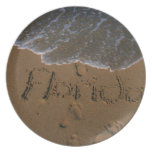 Word Florida in beach sand with wave coming Party Plates