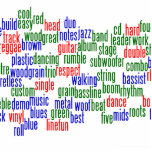 Words related to playing bass, red blue green photo sculptures