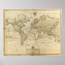 World Hand Coloured map Print