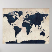 World Map Distressed Navy Print