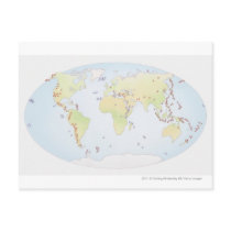 World map showing sites of volcanic activity post card