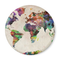 World Map Urban Watercolor Fridge Magnets