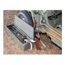 World War II Weapons & Kit By A Jeep Postcards