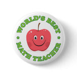 Worlds best math teacher pinback button, red apple