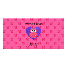 Worlds best mum pink owl photo card
