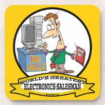 WORLDS GREATEST ELECTRONICS SALESMAN CARTOON BEVERAGE COASTER