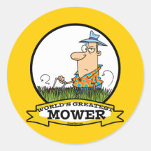 WORLDS GREATEST LAWN MOWER MEN CARTOON ROUND STICKER
