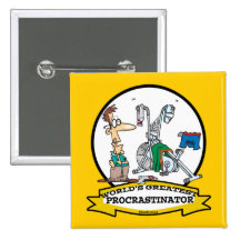 WORLDS GREATEST PROCRASTINATOR MEN CARTOON BUTTONS
