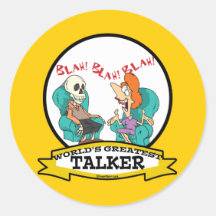 WORLDS GREATEST TALKER WOMEN CARTOON ROUND STICKER