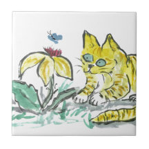 Wow, What is That? Exclaims Yellow Tiger Kitty Tile