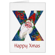 X LETTER / SANTA CLAUS WITH RED RIBBON MONOGRAM GREETING CARDS