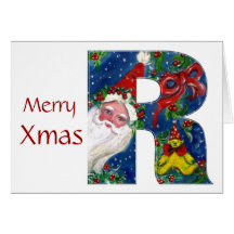 X LETTER / SANTA CLAUS WITH RED RIBBON MONOGRAM CARD