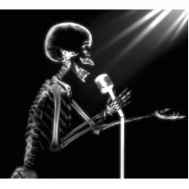 X-RAY SKELETON SINGING ON RETRO MIC - B&W