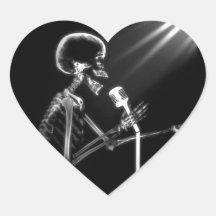 X-RAY VISION SKELETON SINGING ON RETRO MIC - B&W HEART STICKERS