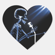 X-RAY VISION SKELETON SINGING ON RETRO MIC - BLUE HEART STICKERS