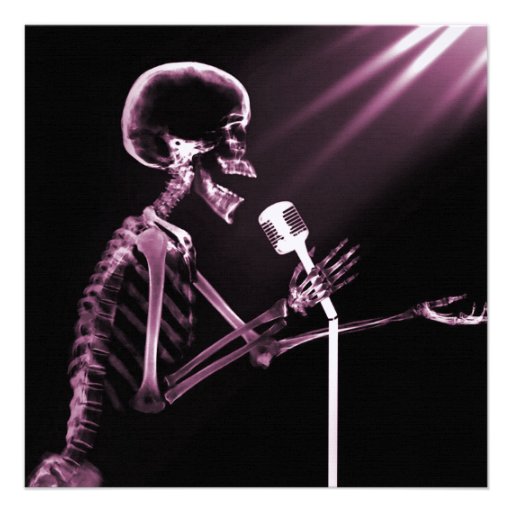 X-RAY VISION SKELETON SINGING ON RETRO MIC - PINK CUSTOM INVITATIONS