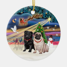 Xmas Magic - Pugs (TWO-fawn+black) Ornaments