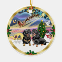 Xmas Magic - Two Black Dachshunds Christmas Tree Ornament