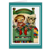 Xmas Vintage Card Merry Christmas Kitten Dog