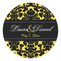 Yellow and Black Damask 1.5" Wedding Sticker
