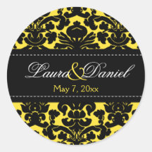 Yellow and Black Damask 1.5" Wedding Sticker