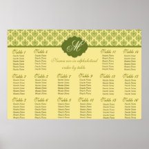 Yellow and Green Damask Monogram Seating Chart Poster