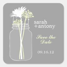 Yellow and Grey Mason Jar and Flowers Wedding Square Stickers