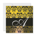 YELLOW BLACK  DAMASK MONOGRAM , white invitations