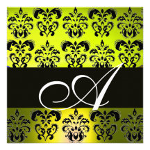 YELLOW BLACK  DAMASK MONOGRAM , white Invites