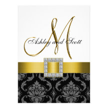 Yellow Black Grey Damask Initial Wedding Invite